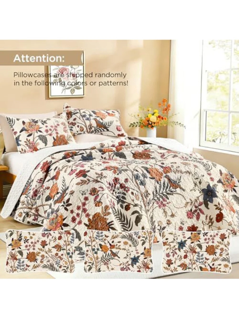 Floral Quilted Bedspread Set in Cream with Rust and Blue Accents